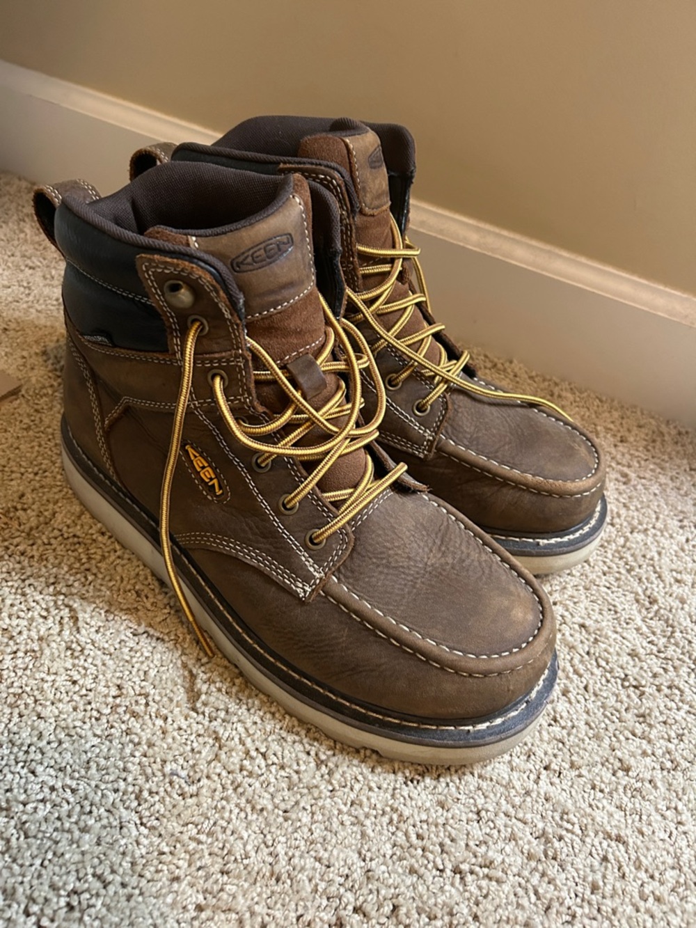 KEEN Brown Leather Work Boots with Yellow Laces